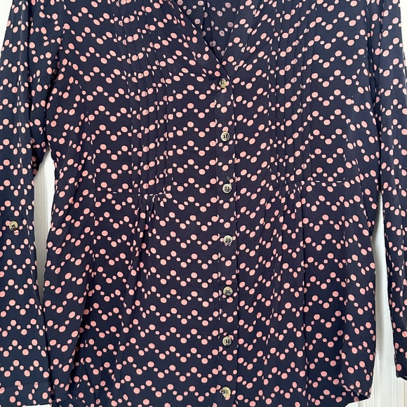 Maeve Blue Pink Polka Dot Abstract Tunic Blouse Size Small Roll Sleeve Light - Picture 2 of 7